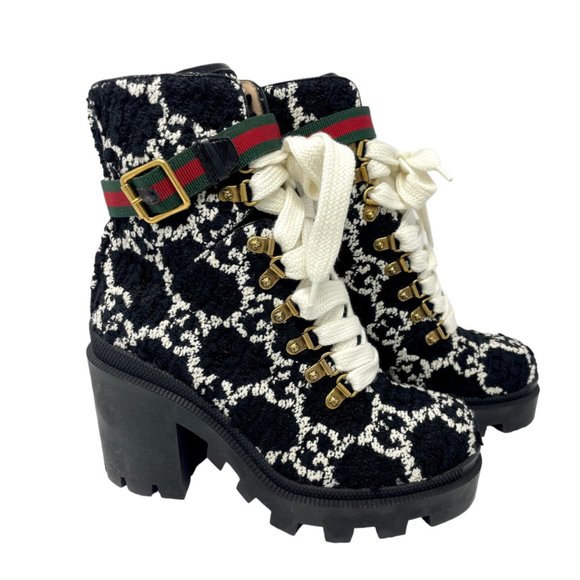 Gucci Shoes - Gucci Trip Tweed GG Monogram Black Lace Up Combat Boots